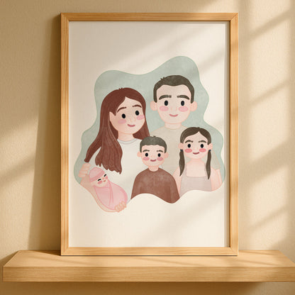 Framed illustration of a family on a wooden shelf with a beige wall background